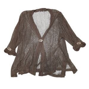 Brown Open Knit Sequin Cardigan Sweater Large Button Front 3/4 Sleeve Boho Beach